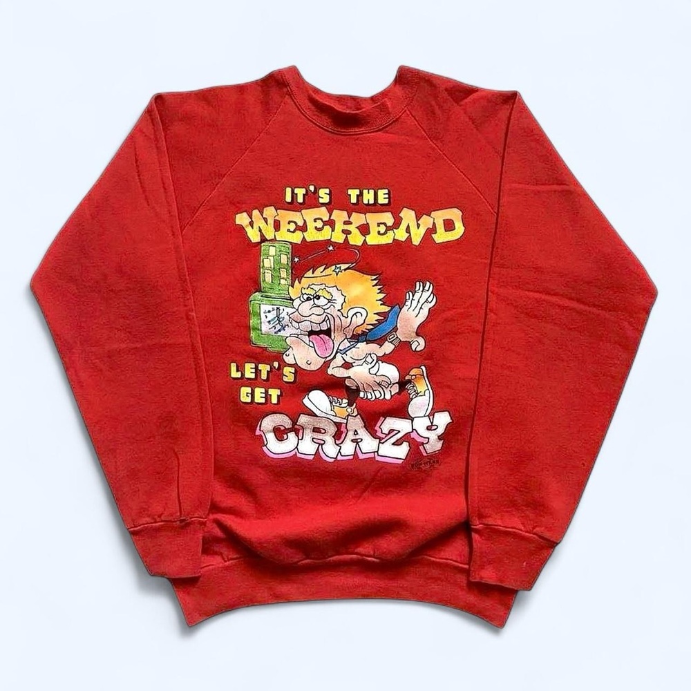 Vintage 1990s Men's Red Graphic 'It's The Weekend' Crewneck Sweatshirt XL